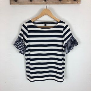 Navy and White Stripe & gingham flutter sleeve top